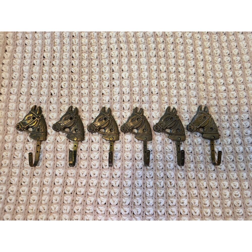 Vintage 1979 Set of 6 Arjon Brass Horsehead Hooks Equestrian Wall Hooks